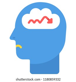 Growth down arrow on brain with head icon vector illustration in flat color design