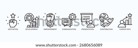 Growth Drive Icon Set Isolated Vector With Icon Of Motivation, Development, Empowerment, Communication, Presentation, Contribution, Career Path In Outline Style