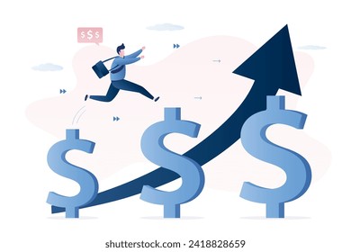 Growth earning, investment. Businessman or trader jumping on growth huge dollar signs. Increasing income, salary and bonus in career. Success in financial business. Career ladder concept. Flat vector