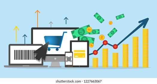 Growth of e-commerce concept cartoon design. Type of payments and buy product on mobile phone, ipad, laptop, computer, illustration vector. Success of online marketing that increase product market.