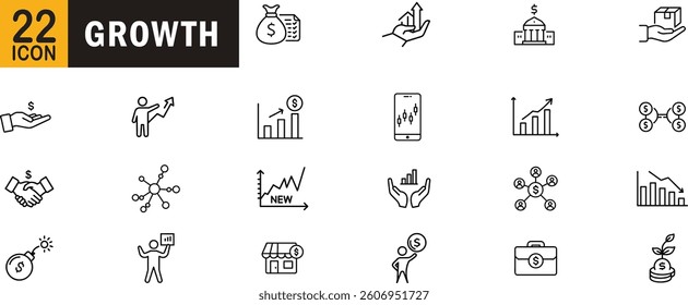 Growth editable outline icon set. Finance, investment, business-expansion, economic-growth, profit and more.