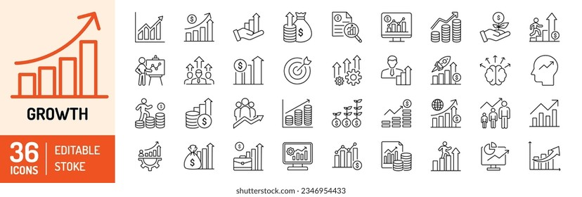 Juego de iconos de contorno de trazo editable para el crecimiento. Crecimiento, ingreso, negocios, mejora, aumento, desarrollo, proceso, ganancia y evolución. Ilustración del vector