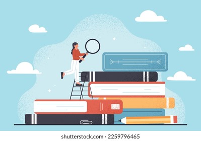 Growth education concept. Young girl with magnifying glass walks through books. Training, learning and self development, ambitions. Knowledge and information. Cartoon flat vector illustration