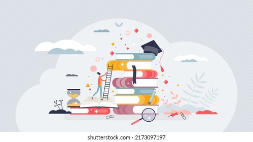 Growth education and development from book reading tiny person concept. Professional career boost and ambitions from horizon expanding studies vector illustration. Literature pile as study resource.