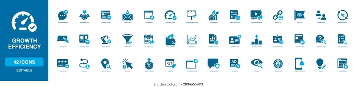 Growth Efficiency Solid Icon Set for ad revenue, approved analytics, browser growth, checklist search, paid click, wallet growth, robot settings, trend chart, target focus and user flow