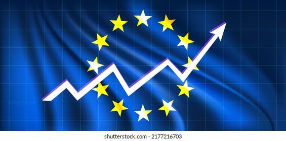 The growth of the Euro. Euro icon on European Union - EU flag. Europe map background. Vector illustration