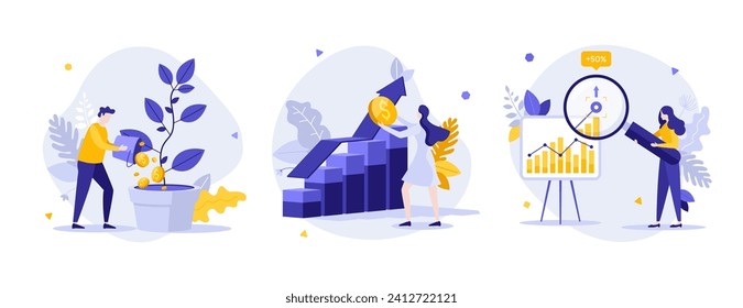 Growth of financial assets flat concept vector illustrations set. Investment profit analytics cartoon composition. Effective money management creative idea for website, mobile, presentation