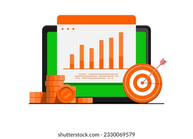 Growth financial chart concept, Tablet with arrow target, gold coin on isolated background, Digital marketing illustration.
