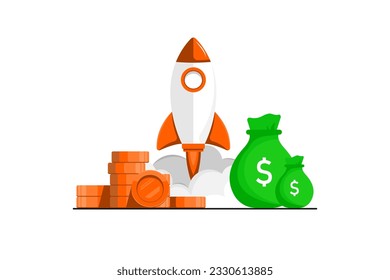 Concepto financiero de crecimiento, vuelo de cohete con moneda de oro en fondo aislado, ilustración de marketing digital.