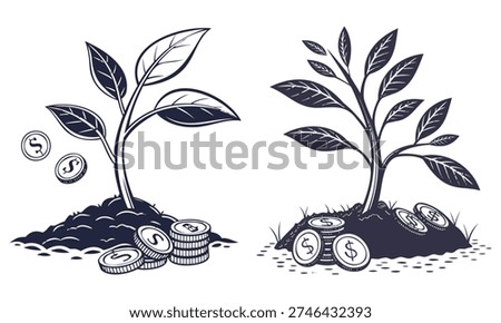 Growth and financial prosperity represented by two thriving plants with coins.