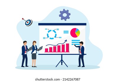 Growth financial vector concept. Male manager showing growth finance graph on the whiteboard to his colleagues while doing meeting in the office