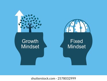 The growth and fixed mindset concept vector illustration on blue background.