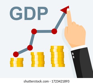 Growth GDP concept. Government budget, public spending. Businessman raises up arrow graphics. Increment in annual financial budget.