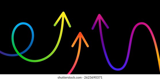 Growth Up Gradient Arrows. Vector Neon Color Line Arrows on Black Background. Abstract Business Concept Graphic. Dynamic Rainbow Grow Design Elements
