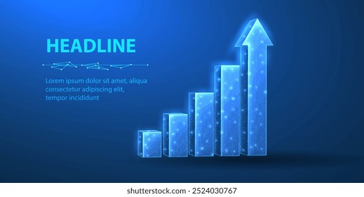 Gráfico de crescimento. Ilustração vetorial 3d abstrata. Seta de subida, Fintech digital, Gráfico de crescimento, Desempenho da empresa, Progresso financeiro, Progressão de carreira, Benefício monetário, Conceito de investimento.