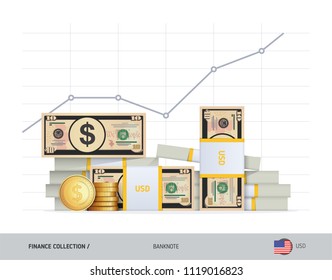 Growth graph with bundles of 10 US Dollar Banknotes and coins. Flat style vector illustration. Financial and economy concept.