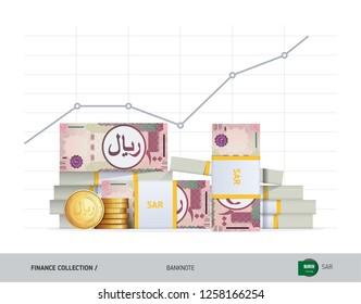 Growth graph with bundles of 100 Saudi Arabia Riyal Banknotes and coins. Flat style vector illustration. Financial and economy concept. 