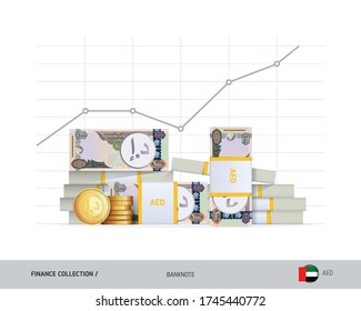 Growth graph with bundles of 1000 United Arab Emirates Dirham banknotes and coins. Flat style vector illustration. Financial and economy concept.