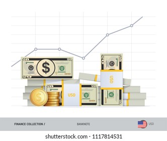 Growth graph with bundles of 20 US Dollar Banknotes and coins. Flat style vector illustration. Financial and economy concept.