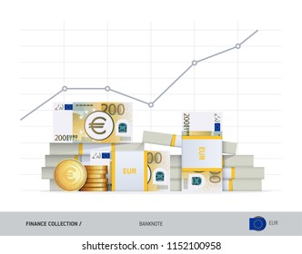 Growth graph with bundles of 200 Euro Banknotes and coins. Flat style vector illustration. Financial and economy concept.