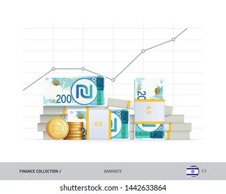 Growth graph with bundles of 200 Israeli New Shekel banknotes and coins. Flat style vector illustration. Financial and economy concept.