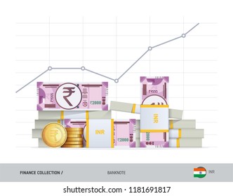 Gráfico de crecimiento con paquetes de billetes y monedas de 2000 rupias indias. Ilustración vectorial de estilo plano. Concepto financiero y económico.