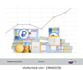 Growth graph with bundles of 2000 Russian Ruble banknotes and coins. Flat style vector illustration. Financial and economy concept.