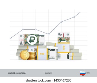 Growth graph with bundles of 5 Russian Ruble banknotes and coins. Flat style vector illustration. Financial and economy concept.