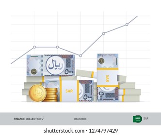 Growth graph with bundles of 500 Saudi Arabia Riyal Banknotes and coins. Flat style vector illustration. Financial and economy concept.