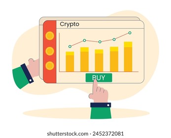 Growth graph chart presentation, investment cryptocurrency. Character design. Vector flat illustration