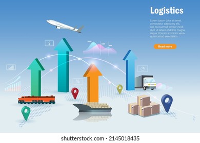 Growth graph of global logistics transportation on airfreight, seafreight, train, truck and distribution network connecting. High demand in supply chain, shipping cargo import export concept.