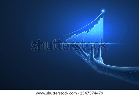 Growth graph and hand. Market analysis, stock exchange, business progress, modern trade, economic success, businessman strategy, market graph statistic, digital money, data chart concept