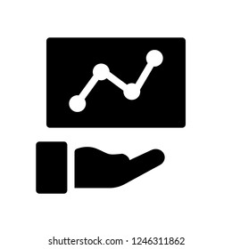 Growth graph, hand showing data projection in screen, icon vector illustration in solid glyph black style