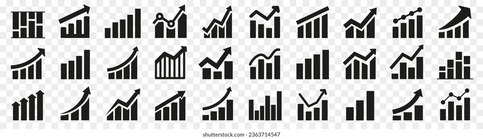 Growth graph icon collection. Growing up symbols. Business chart with arrow. Growth chart, profit, growth success symbol set