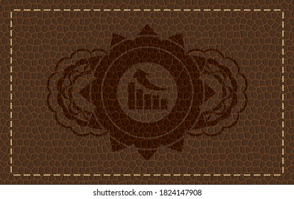 icono del gráfico de crecimiento dentro del emblema realista de cuero marrón. Fondo de la cartera. Ilustración vectorial. 