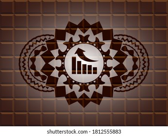 growth graph icon inside chocolate bar badge. Brown chic background. Artistic illustration. 