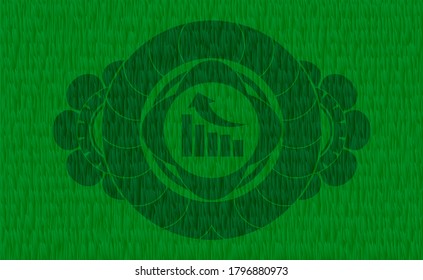 growth graph icon inside grass turf emblem. Eco graceful background. Illustration. 
