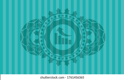 growth graph icon inside Turquoise color badge. Bars delicate background. Illustration. 