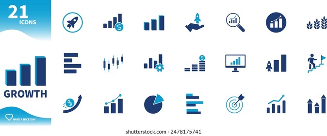 Growth graph icon. Set of candlestick chart, pie chart, rocket, business icons