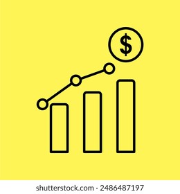 Icono de gráfico de crecimiento con signo de dólar simple, Vector de línea aislado sobre fondo amarillo. diseño moderno y moderno