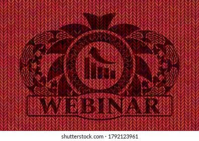 growth graph icon and Webinar text Red woolen fabric realistic emblem. Cloth chic background. Artistic illustration. 
