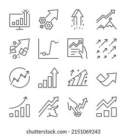 Growth graph icons set. Chart arrow pointing up, stock, income, successful growth, linear icon collection. Line with editable stroke