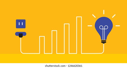 "Growth graph" in light bulb style. Graphic design idea of bulb light with cord electrical plug connected to power socket. Vector illustration.
