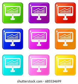 Growth graph on the computer monitor icons of 9 color set isolated vector illustration
