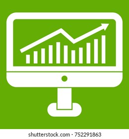 Growth graph on the computer monitor icon white isolated on green background. Vector illustration