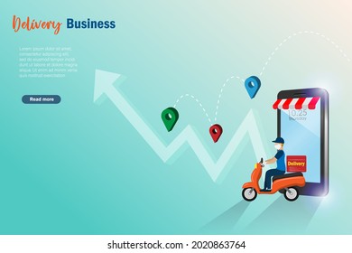 Growth graph and profit in online shopping, delivery service and e-commerce business. Delivery man on smartphone delivery foods and courrier to customer