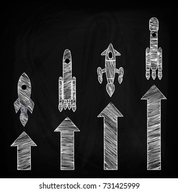 Growth graph, represented by arrows and spaceships. Sketch, scribble, vector illustration for your decisions