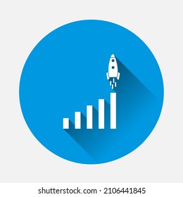 Growth graph with rocket. Vector business icon schedule  icon on blue background. Flat image with long shadow.