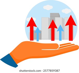 Growth graph sign. Up Arrow Line Icon. in the palm of the hand. Trending red and blue curve arrows. Impulsive trading of stock news.