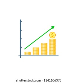 Growth Graph with Stacks of coins and arrow. Income and profit concept Isolated on white background. Vector illustration.